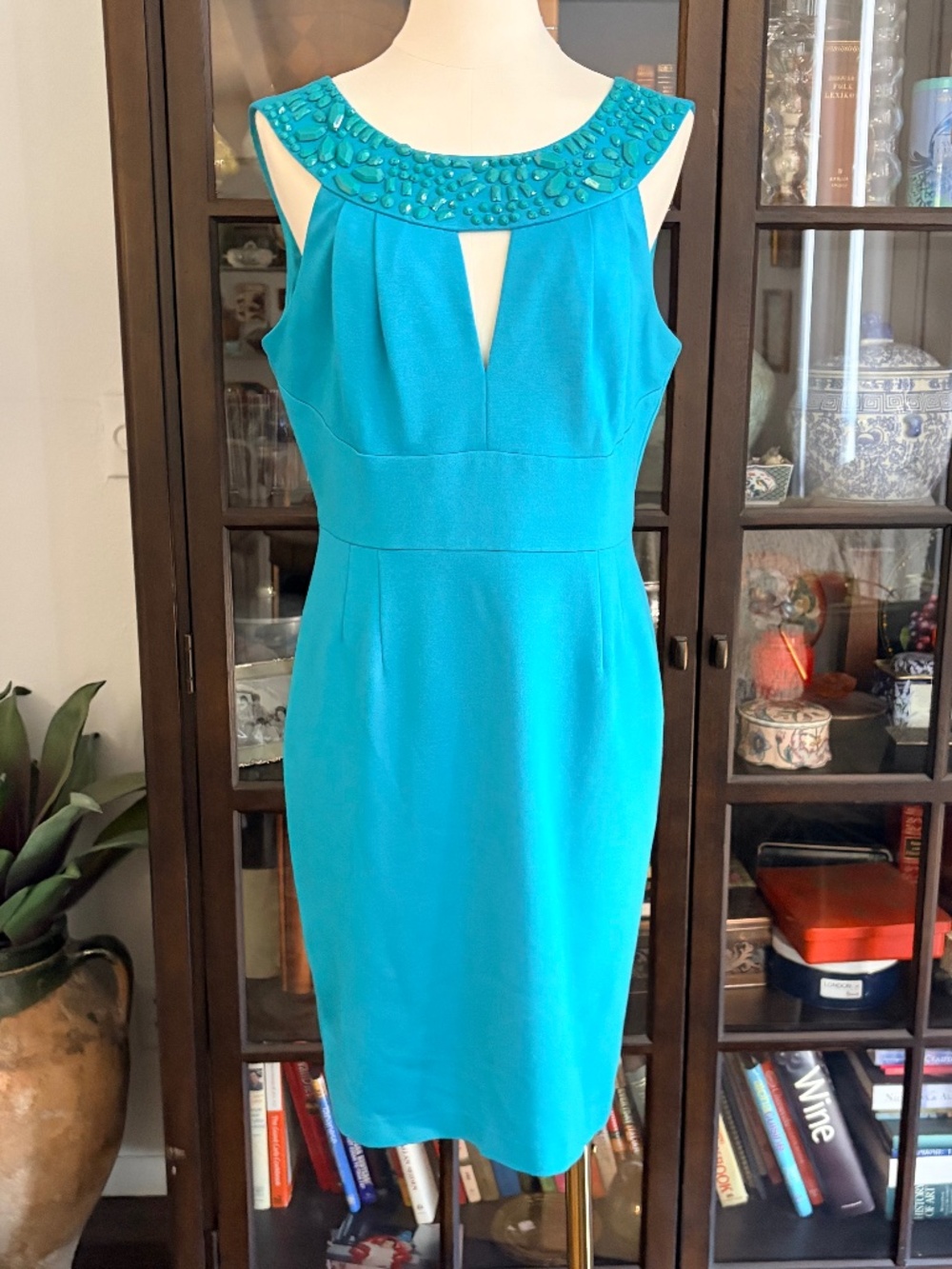 Trina Turk, Aqua Beaded Sheath Dress, size 10